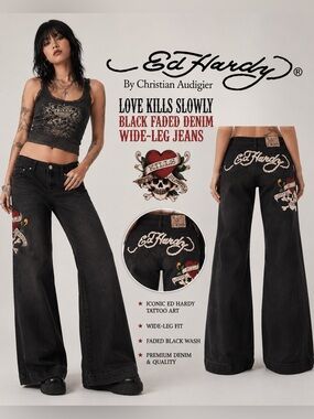 Ed Hardy - Love Kills Slowly Black Faded Denim Wide-Leg Jeans